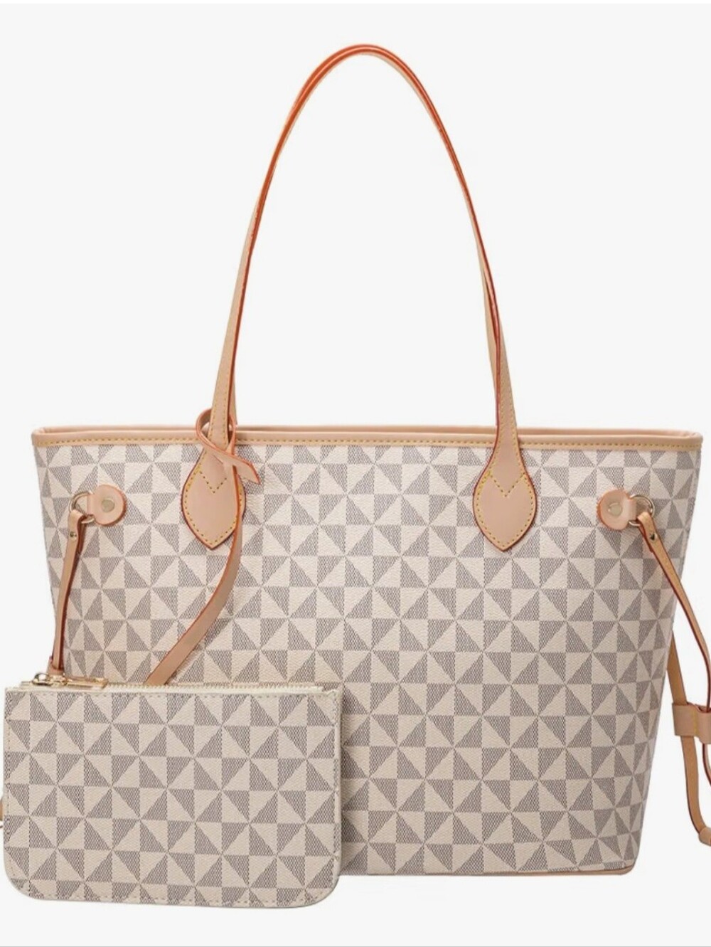 Classic Geometric Tote Bag in Beige with Pouch